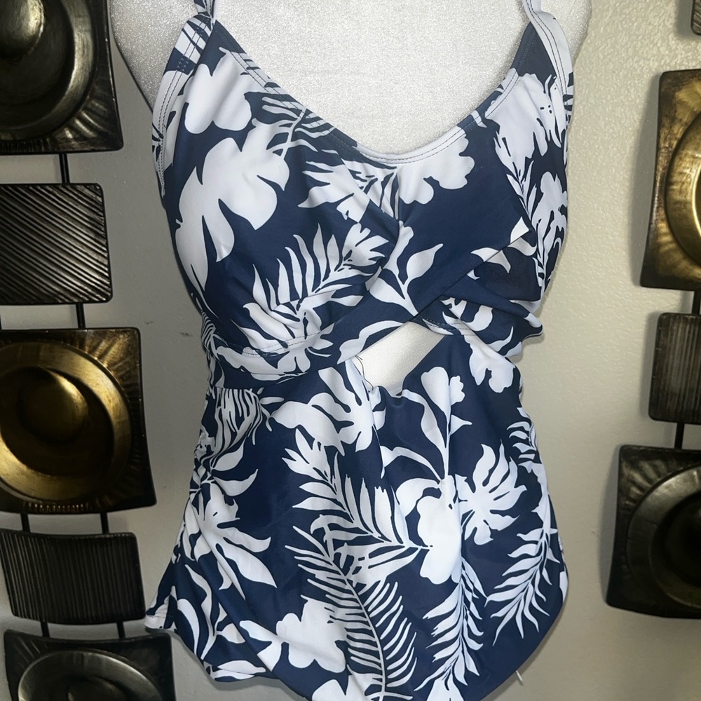 Navy and White Floral Swim Tankini Top
